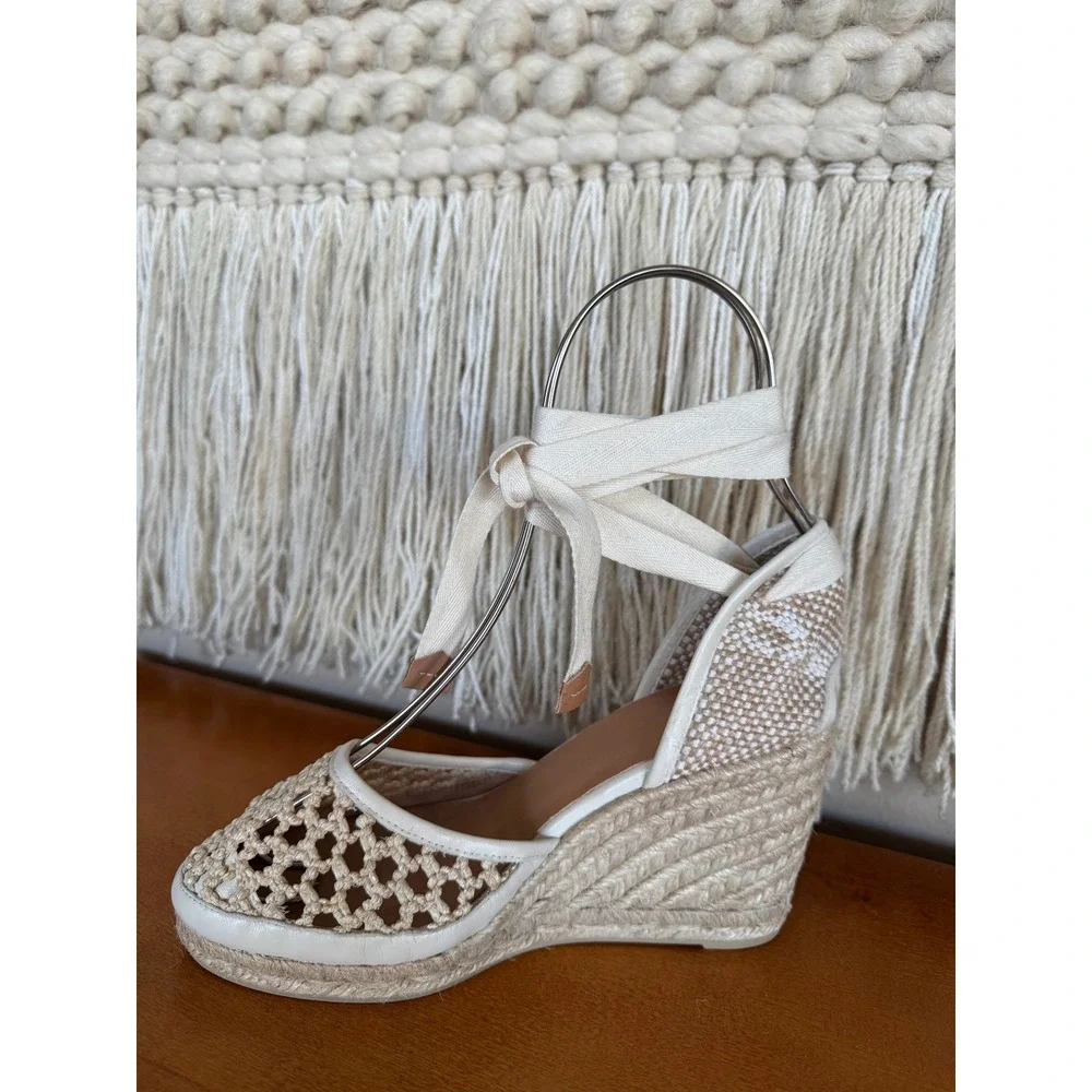 Castaner Carola Beige Jute Ankle Wrap Espadrille Platform Wedge Sandal Size 6